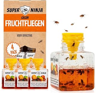 Super Ninja Fruit Fly Trap – Economy Pack – 4 Traps, Highly Effective Ecological Fruit Fly Trap for Kitchen and Indoor Use – Fruit Fly Trap – Up to 3 Weeks | Wirksame Fliegenfalle für Fruchtfliegen, für Haushalt & Küche, sicher für Kinder & Haustiere, 3 Wochen Wirkung pro Flasche