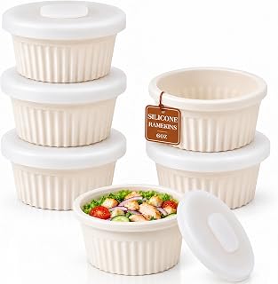 Vinino 6 Oz Silicone Ramekins with Lid, Shatterproof Small Bowls with Frame | 6 Pcs Custard Cups for Baking Souffle, Pudding and Store Convenience, Nonstick Baking Dishes Oven and Dishwasher Safe