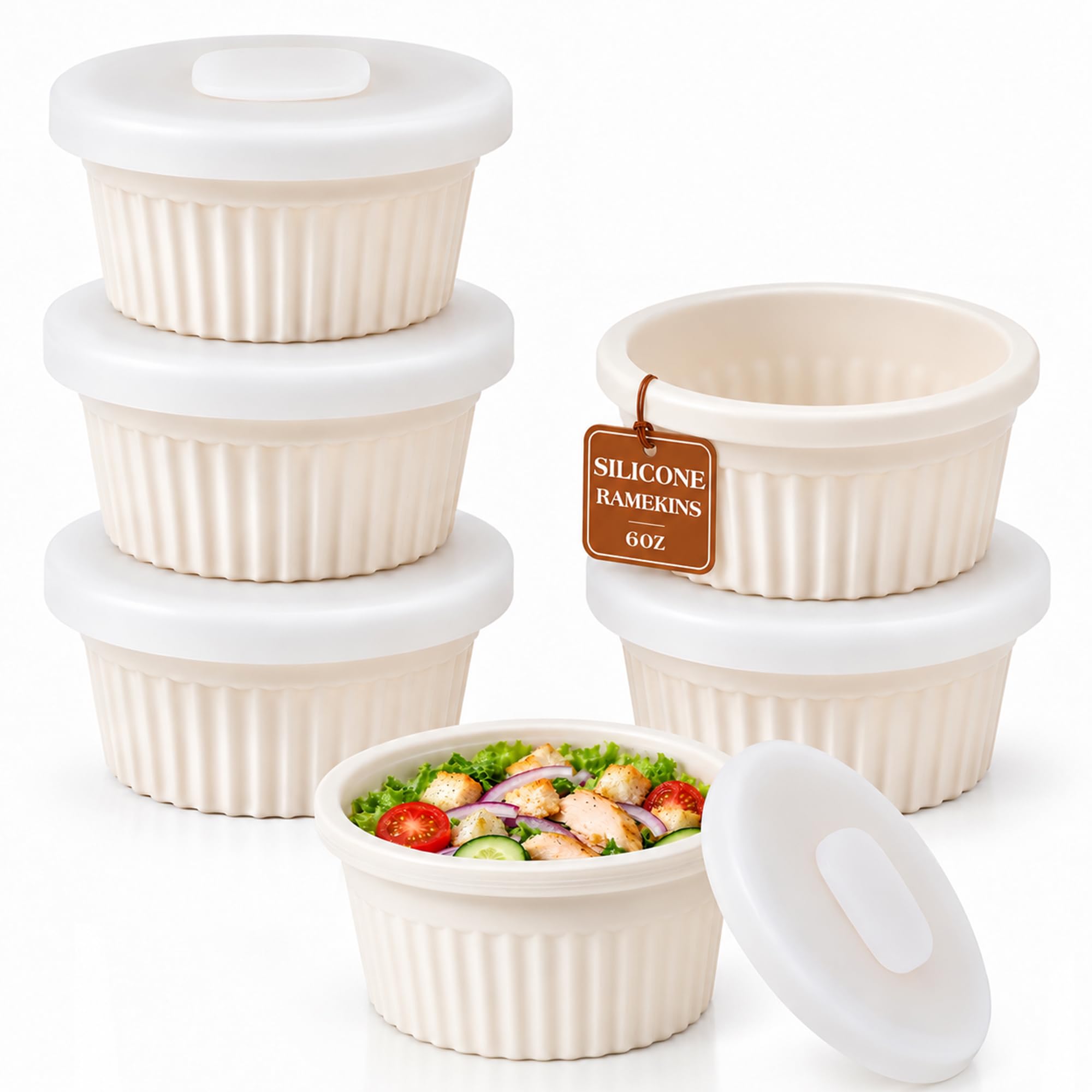 Vinino 6 Oz Silicone Ramekins with Lid, Shatterproof Small Bowls with Frame | 6 