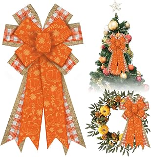 Large Autumn Ribbon for Wreath,Thanksgiving Pumpkin Wreath Bow,Natural Burlap Bow,Orange White Buffalo Check Bow,Autumn Tree Topper Bow,Hallway,Autumn,Thanksgiving Decoration