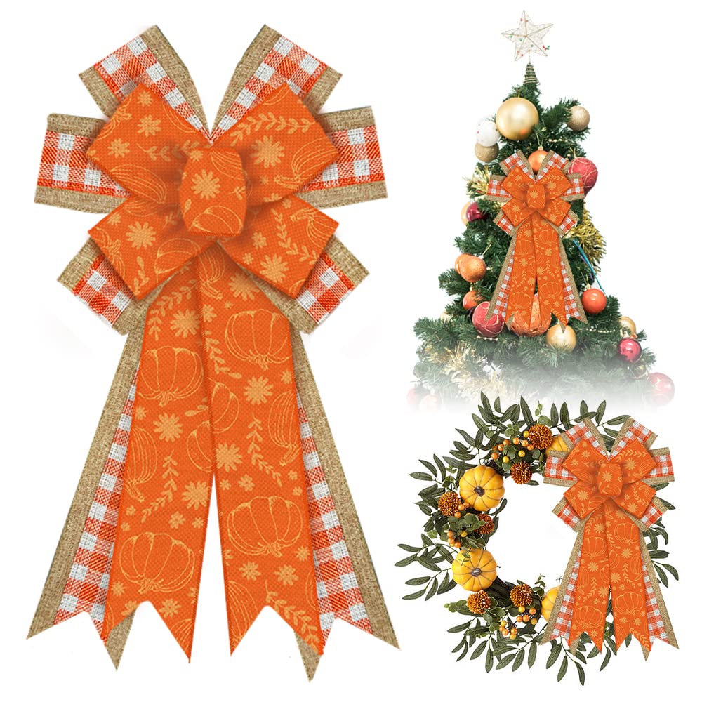 Large Autumn Ribbon for Wreath,Thanksgiving Pumpkin Wreath Bow,Natural Burlap Bo