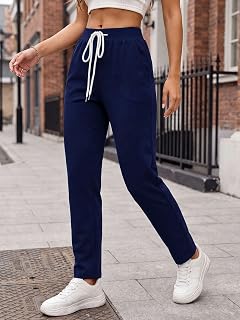 Women's Casual High Waist Drawstring Pants Straight Leg Pants with Pockets Workout