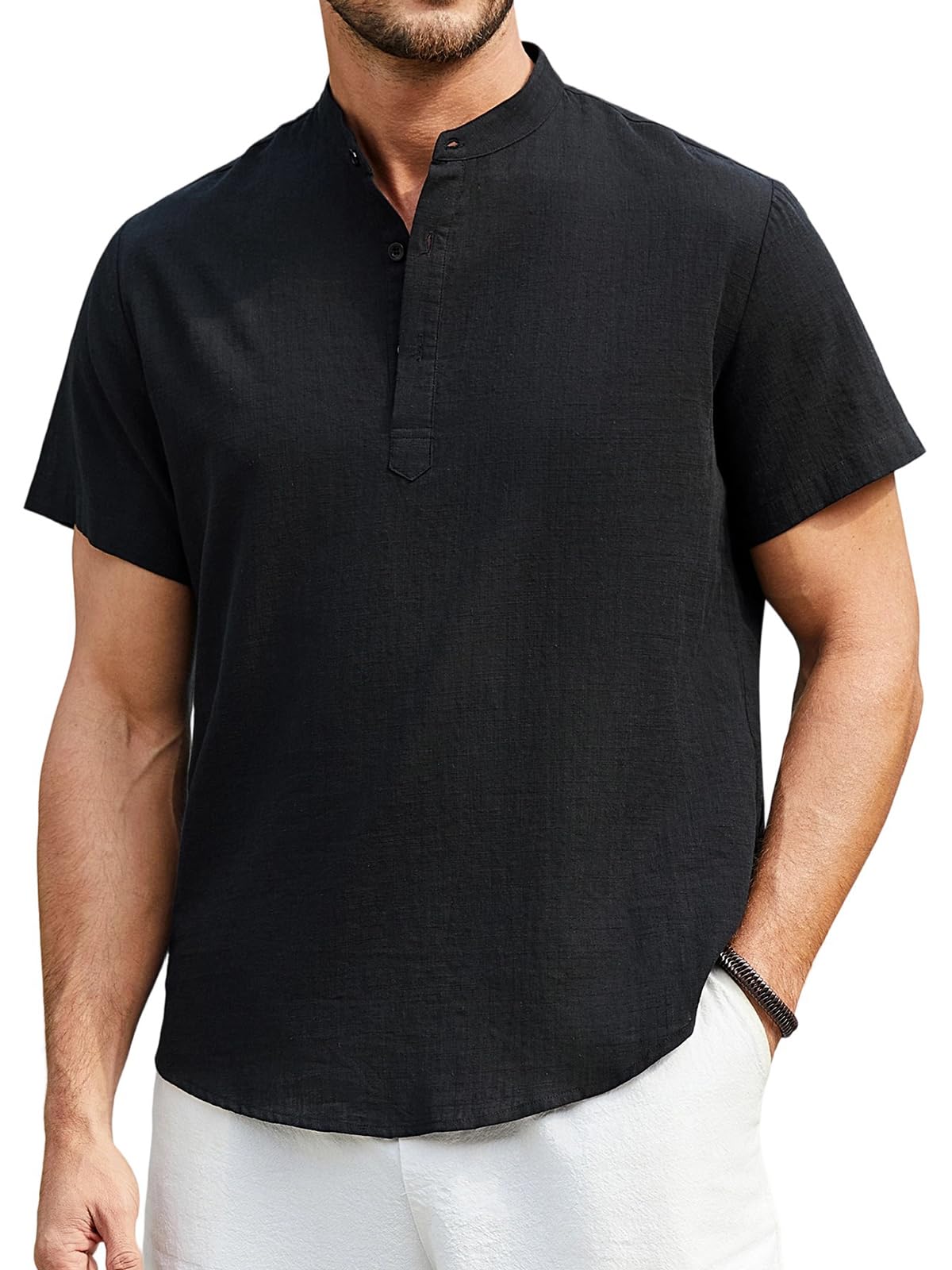 Enlision Men's Linen Shirt Short Sleeve Summer Casual Shirts for Men Mao Collar 