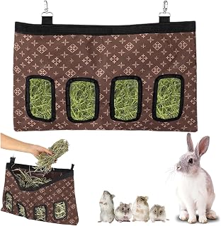 RabbitHayFeederBag,HayHangingFeederStoragewith4 Holes&Shoulder Strap,Guinea Pig Hay Feeder Storage,Small AnimalHangingFeeders,Oxford Cloth Hay Bag Hanging Feeder for Hamster Bunny (Brown Pattern)