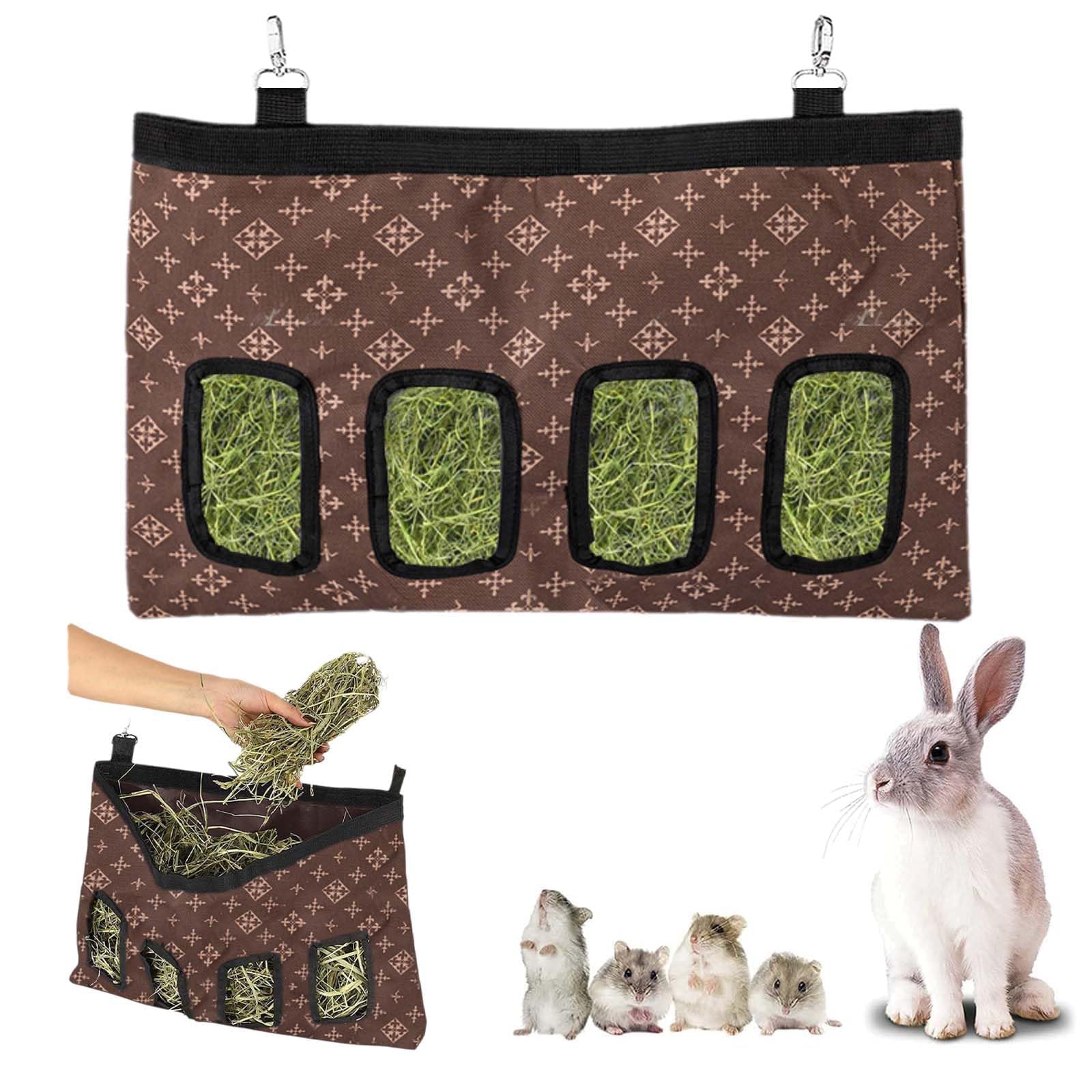 RabbitHayFeederBag,HayHangingFeederStoragewith4 Holes&Shoulder Strap,Guinea Pig 