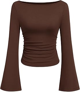 PRETTYGARDEN womens long sleeve shirts fall going out casual boat neck bell sleeve ribbed y2k clothes