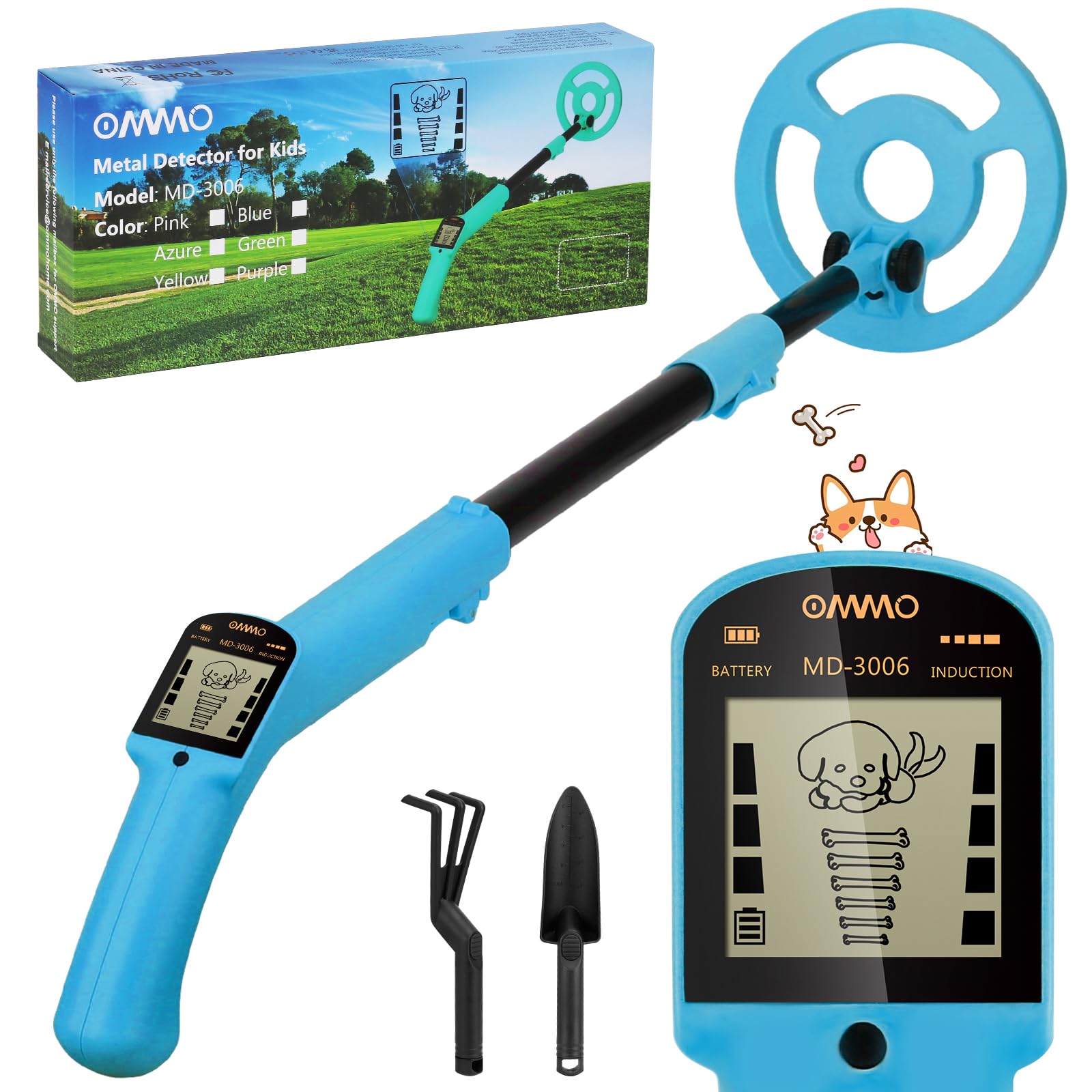 OMMO Kids Metal Detector, Adjustable 27.5"-37.8" with LCD Display (Azure) | Ligh