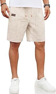Coofandy Men Casual Linen Shorts Elastic Waist Drawstring Loose Fit Summer Beach Holiday Shorts with Pockets