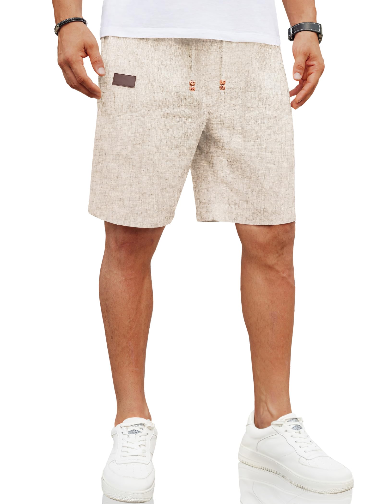 Coofandy Men Casual Linen Shorts Elastic Waist Drawstring Loose Fit Summer Beach