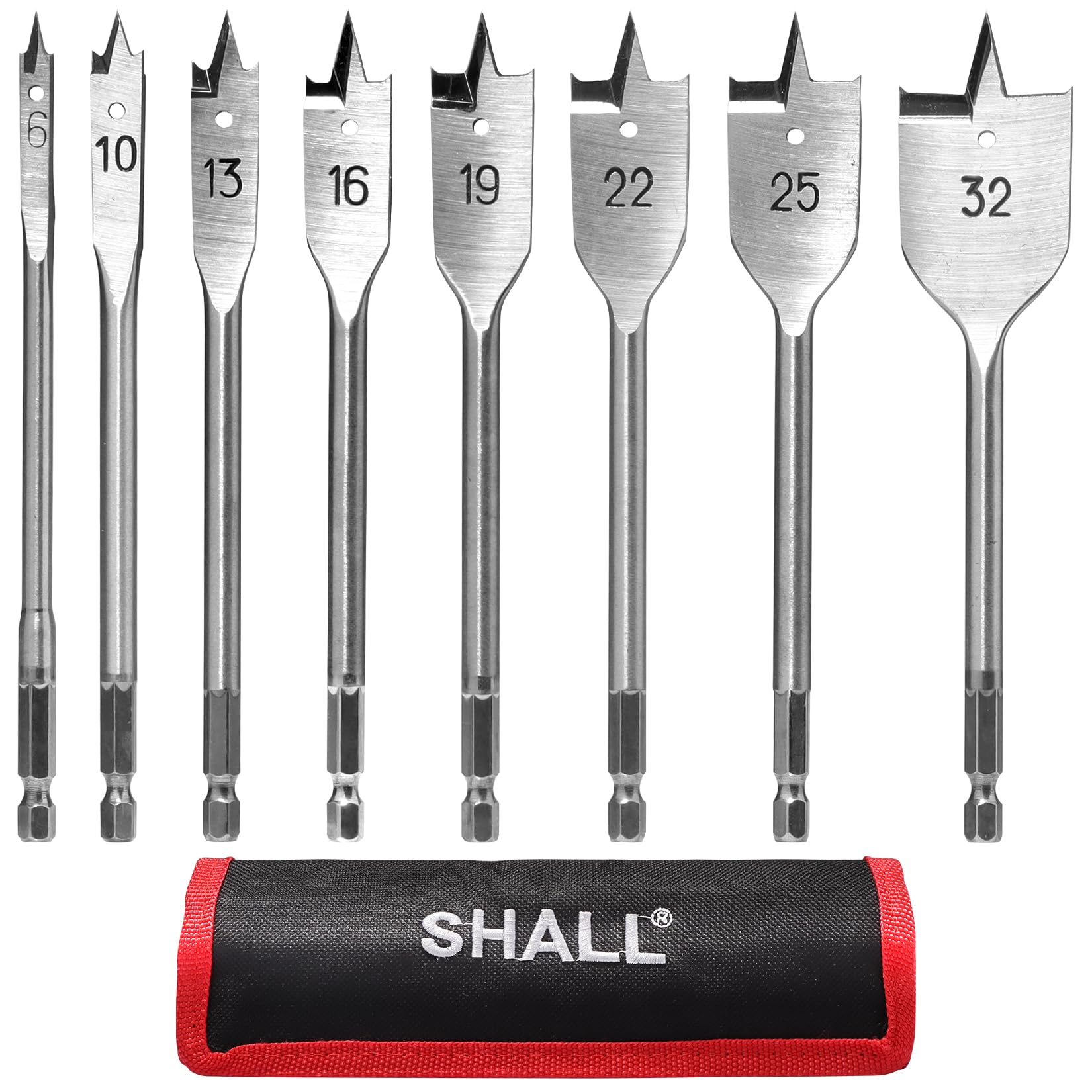 SHALL 8-Piece Wood Spade Drill Bits Set, 1/4 Inch Quick Change Hex Shank, Ø 6-32