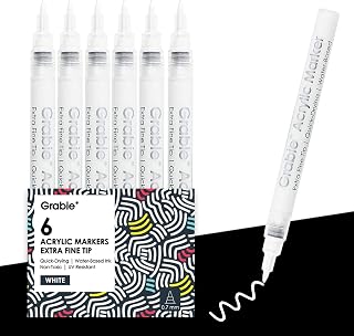Grabie 6 White Acrylic Paint Markers, 0.7 mm Extra Fine Tip | Bright White Coverage, Ultra Fine Detailing, Fast Drying Acrylic Ink, Crisp Highlights, Smooth Writing, Ideal For Artists