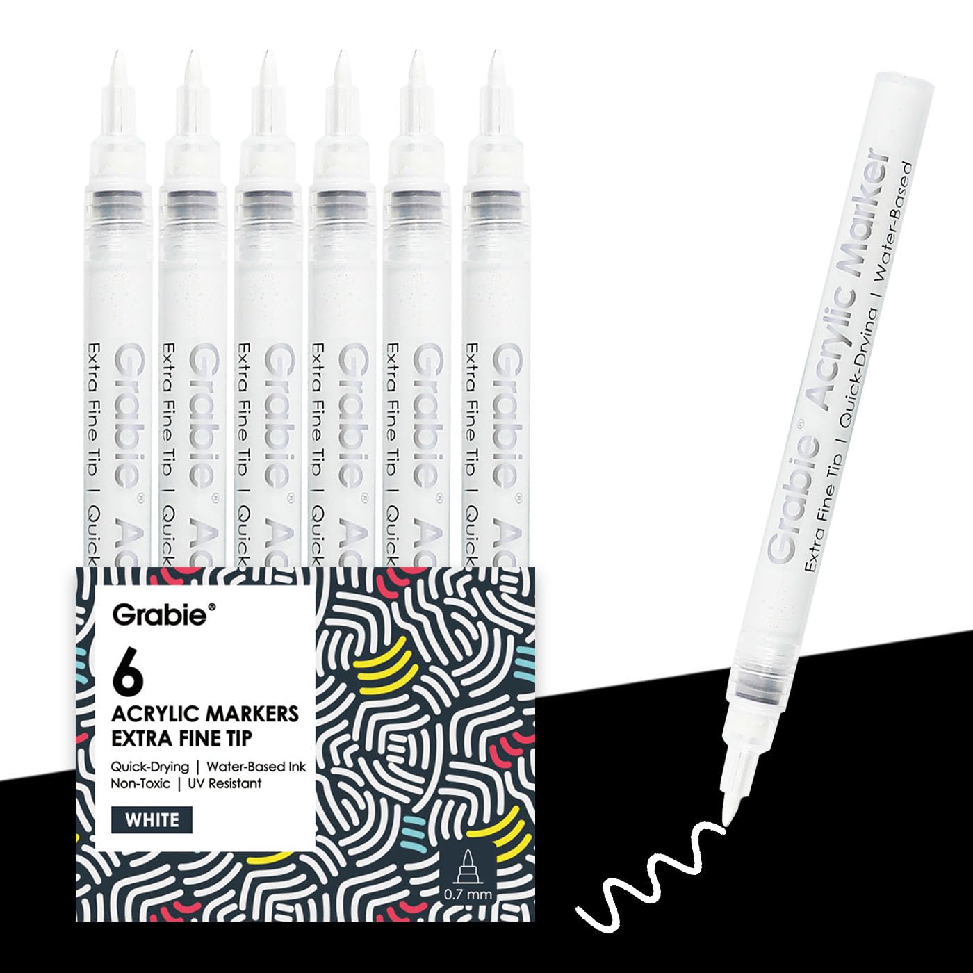 Grabie 6 White Acrylic Paint Markers, 0.7 mm Extra Fine Tip | Bright White Cover