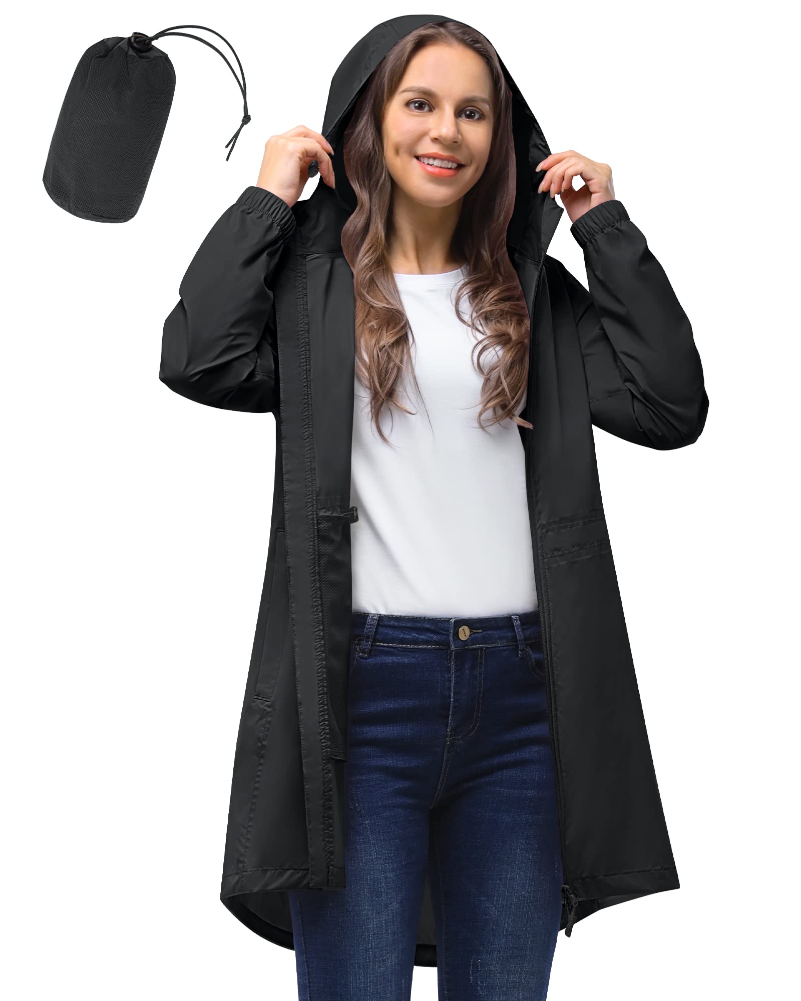 33,000ft Women's Rain Jacket Lightweight Hooded Long Rain Coat Waterproof Jacket