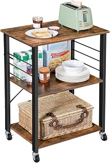 VASAGLE Kitchen Shelf on Wheels, Serving Trolley, 3 Shelves, 6 Hooks