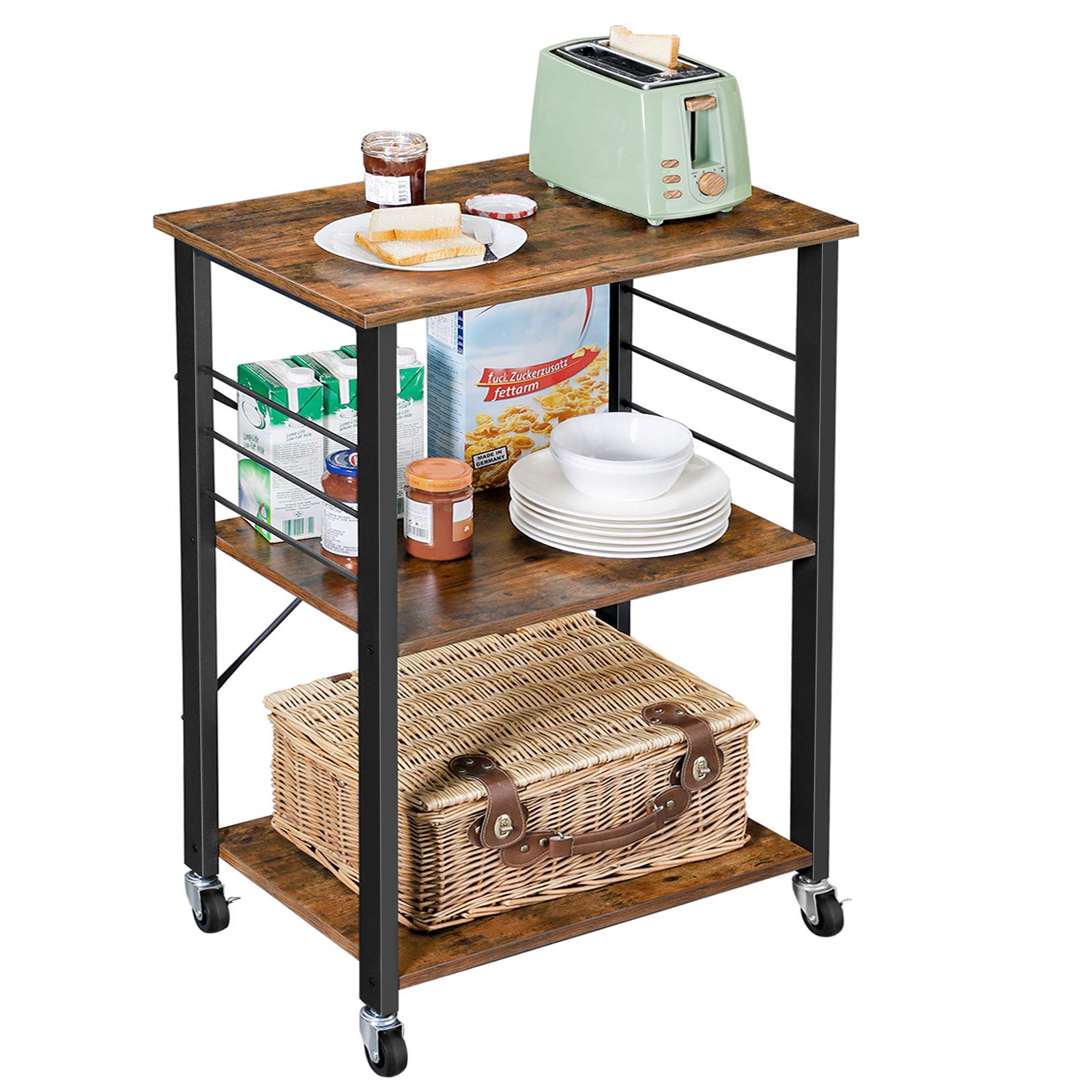 VASAGLE Kitchen Shelf on Wheels, Serving Trolley, 3 Shelves, 6 Hooks