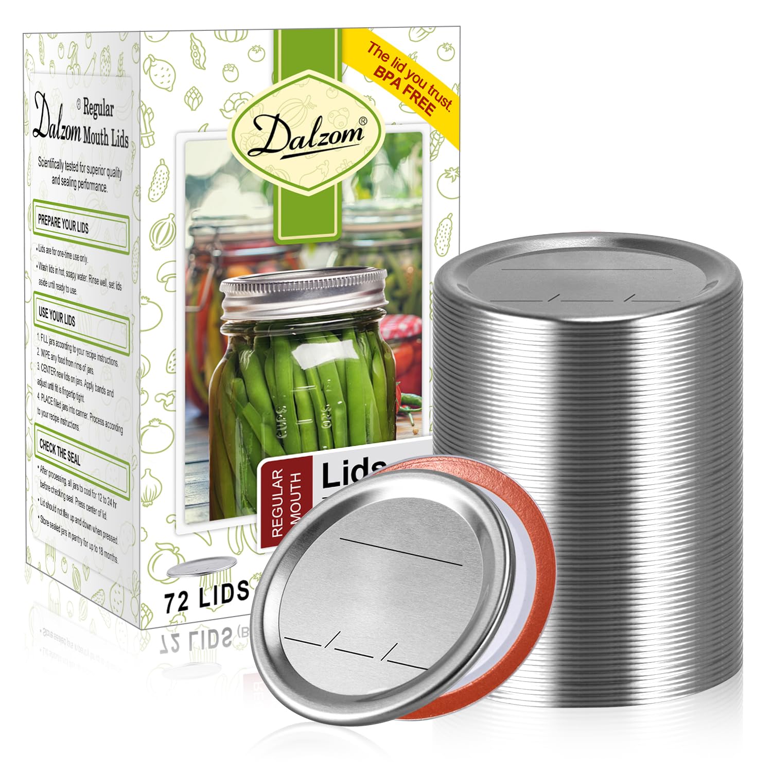 Dalzom® 72Pcs Canning Lids Regular Mouth, Premium Mason Jar Lids for Ball, Kerr 