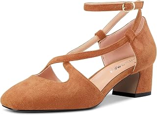 Castamere Women's Mid Block Chunky Heel Square Toe Cross Straps Pumps Party Cute Shoes
