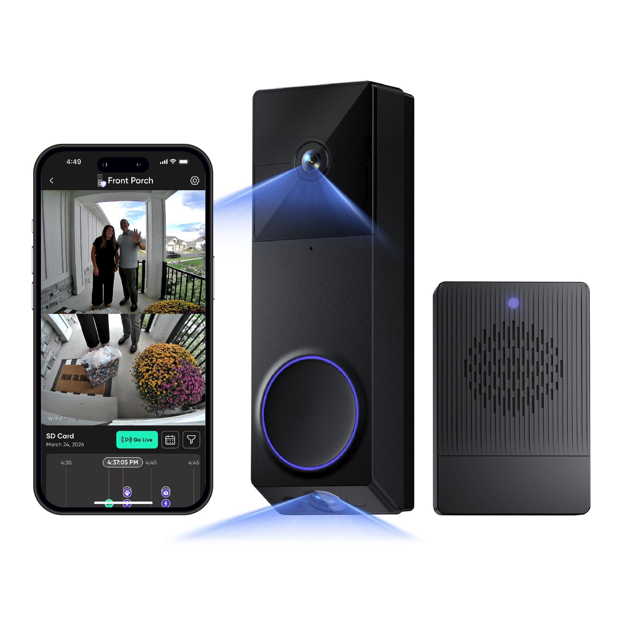 WYZE Wireless Duo Cam Video Doorbell (Chime Included), Battery Powered, 2K Full 