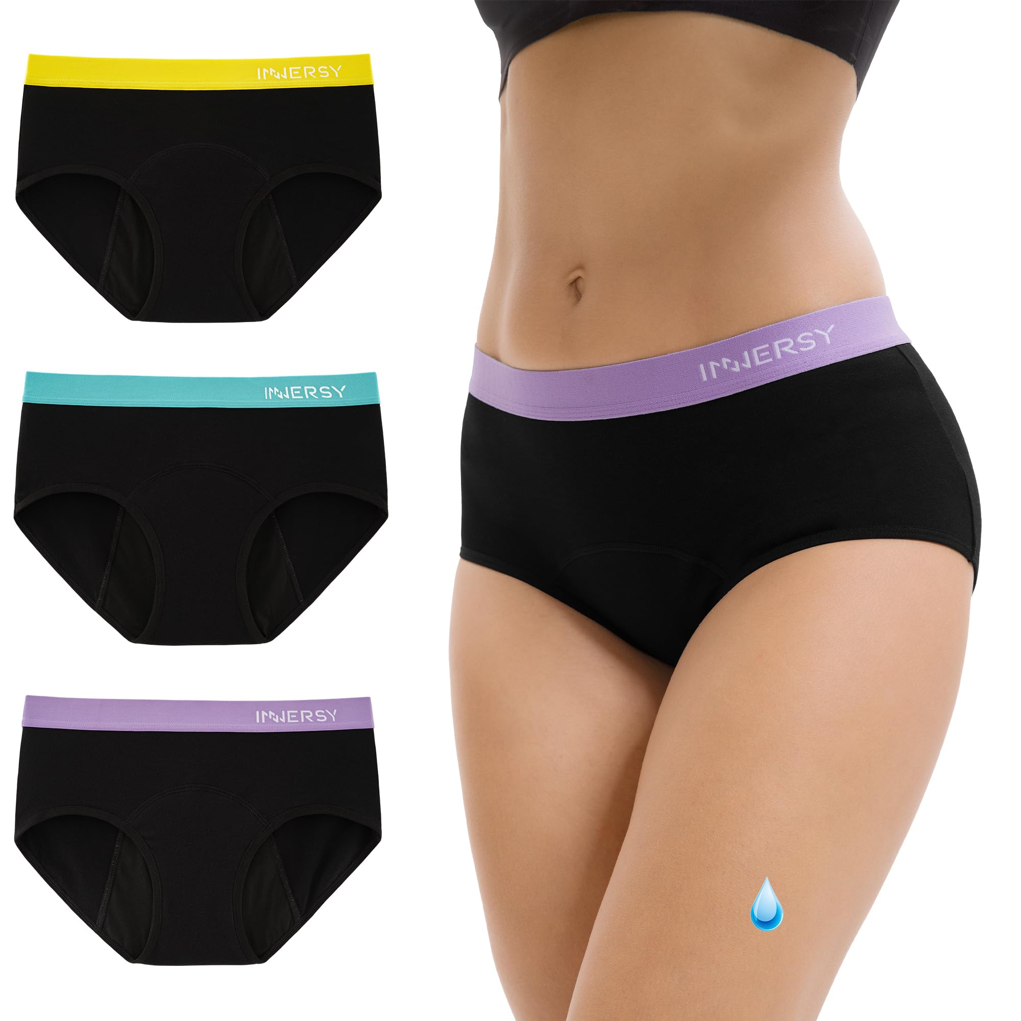 INNERSY Period Pants Light Flow Menstrual Underwear Mid-rise Briefs 3 Pack