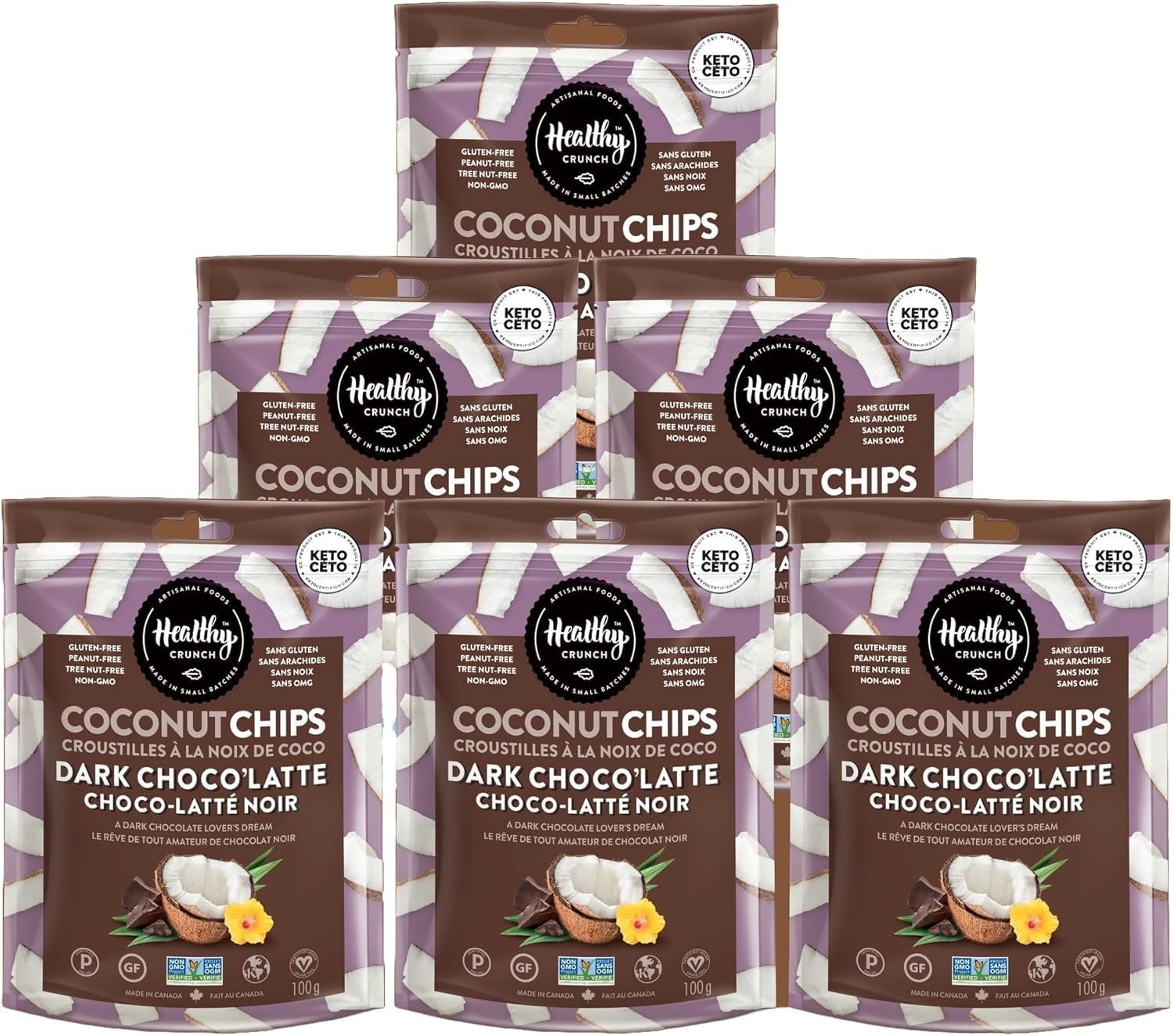 Healthy Crunch Coconut Chips Dark Choco'Latte - 6 Units x 100g - Allergen-Free, 