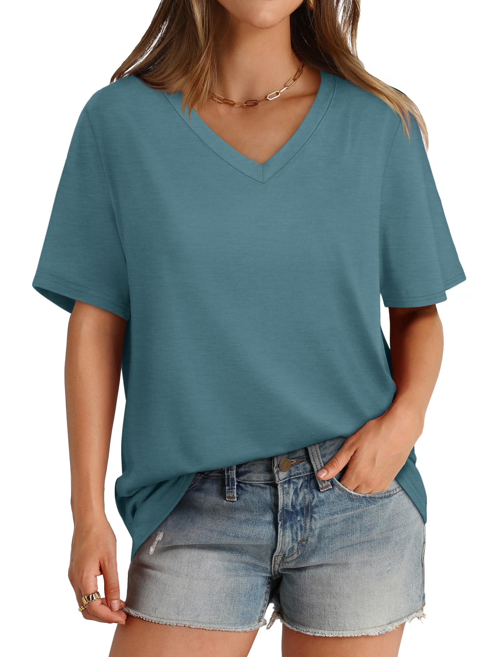 Aokosor Womens V Neck Short Sleeve T Shirts Summer Tops 2026 Casual Loose Tees T