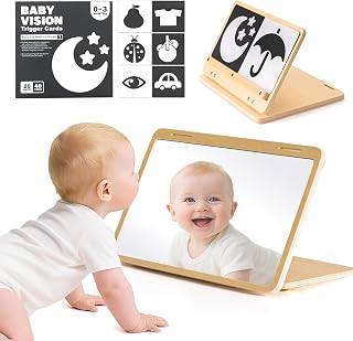 Brezlio Tummy Time Mirror for Baby Montessori Baby Floor Mirror with High Contrast Black and White Cards Infant Safe Mirror Toy for Newborn