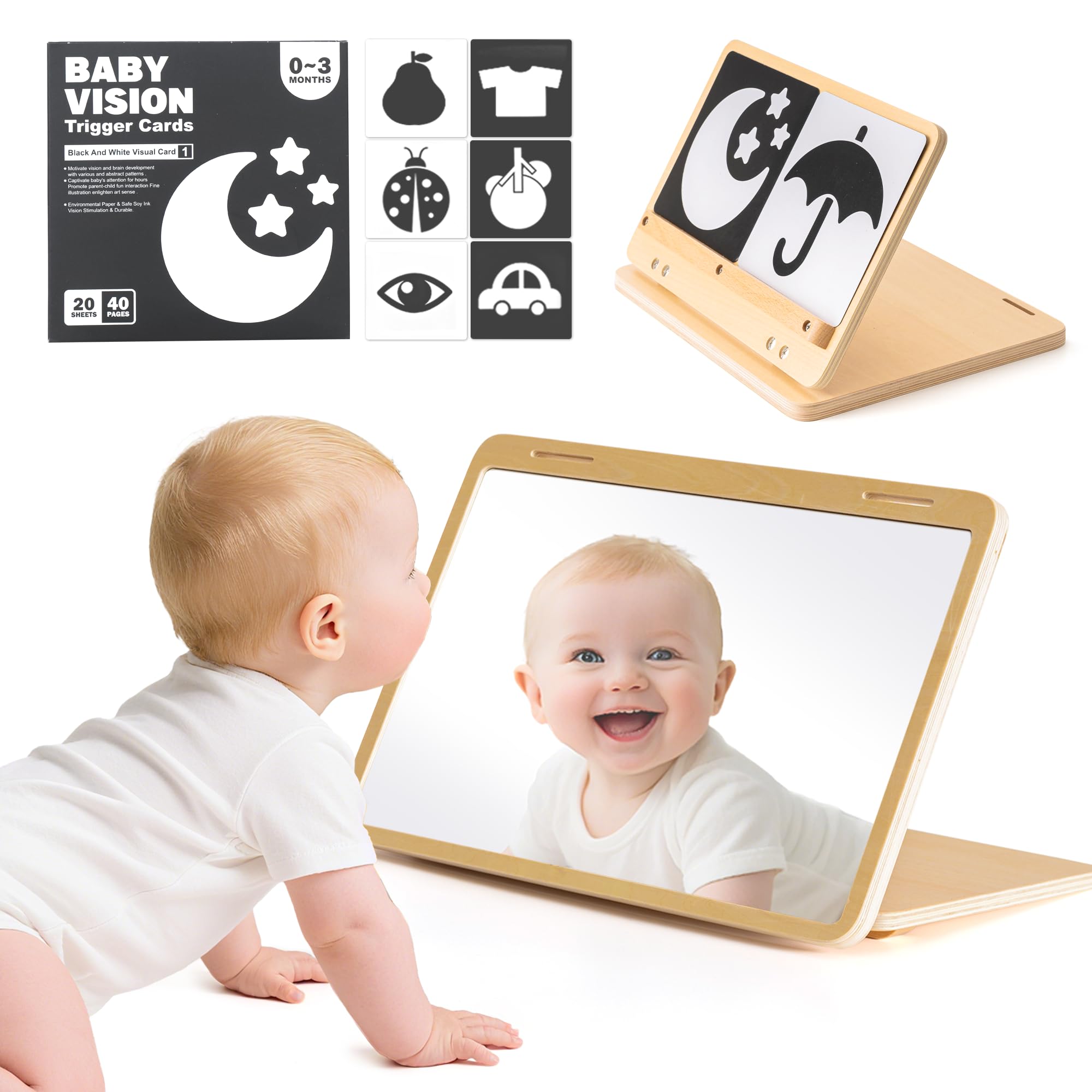 Brezlio Tummy Time Mirror for Baby Montessori Baby Floor Mirror with High Contra