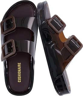 CUSHIONAIRE Pool Slippers for Women Water Resistant Double Buckle Adjustable Slip-On Ladies Sandals for Beach Shower Casual Wear
