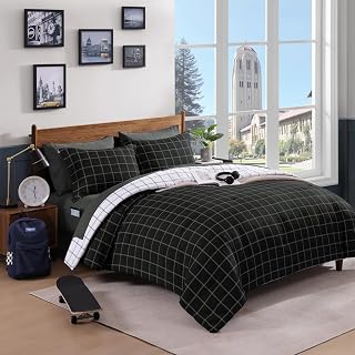 Plaid Twin XL Comforter Set Black 5 Pieces Bed in a Bag for College Dorm