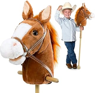 HollyHOME Stick Horse Hobby Horse Wood Handles Wheels 36'' Handcrafted | Horse Toy Gift for Kids, Real Pony Neighing Galloping Sounds, Imaginative Play, Balance Development, Faux Leather Bridle