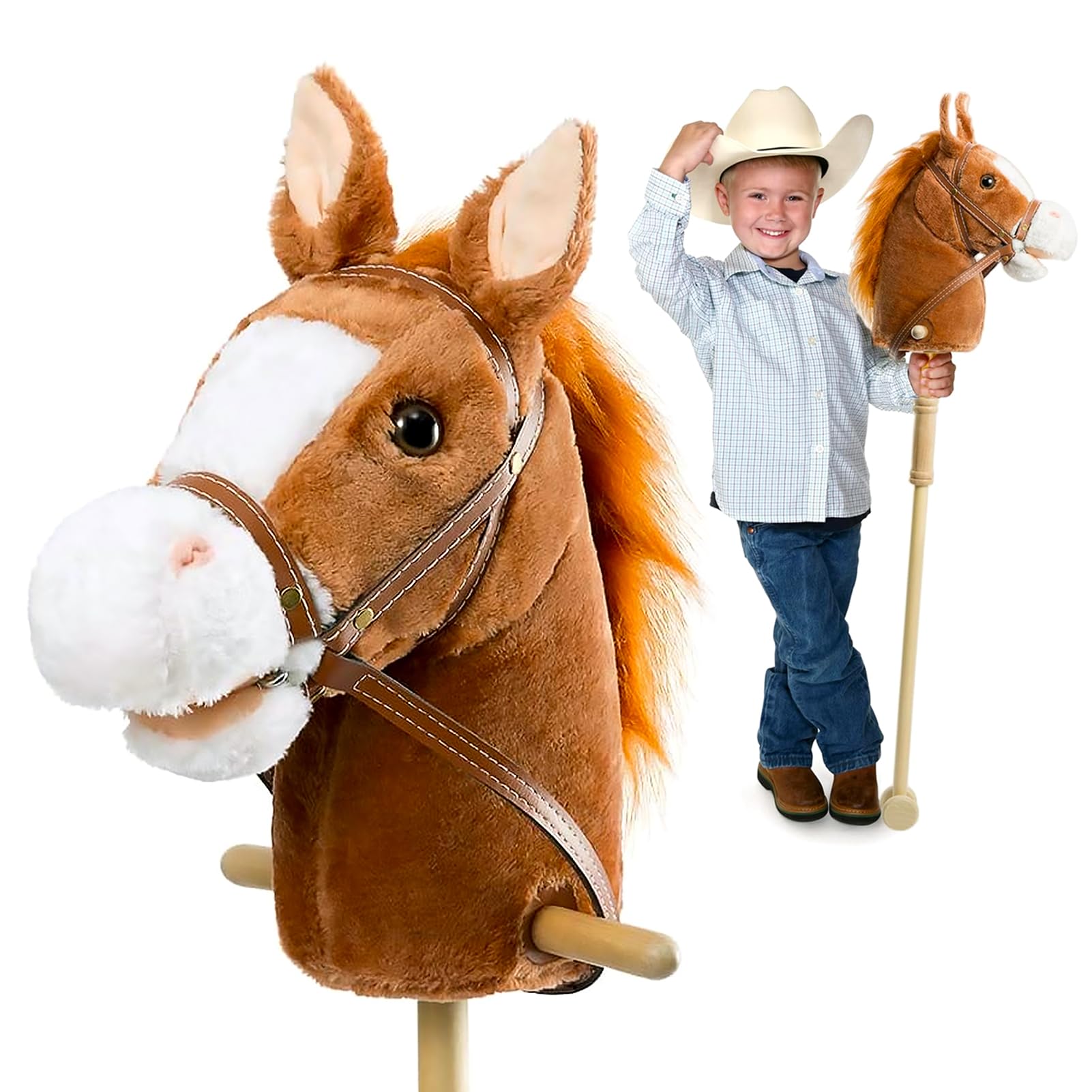 HollyHOME Stick Horse Hobby Horse Wood Handles Wheels 36'' Handcrafted | Horse T