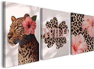Alptiny Set of 3 Wild Animal and Leopard Print Canvas Wall Art - Tropical Hibiscus Flower Art for Living Room, Bedroom, and Hallway, Modern Wild Wall Decor