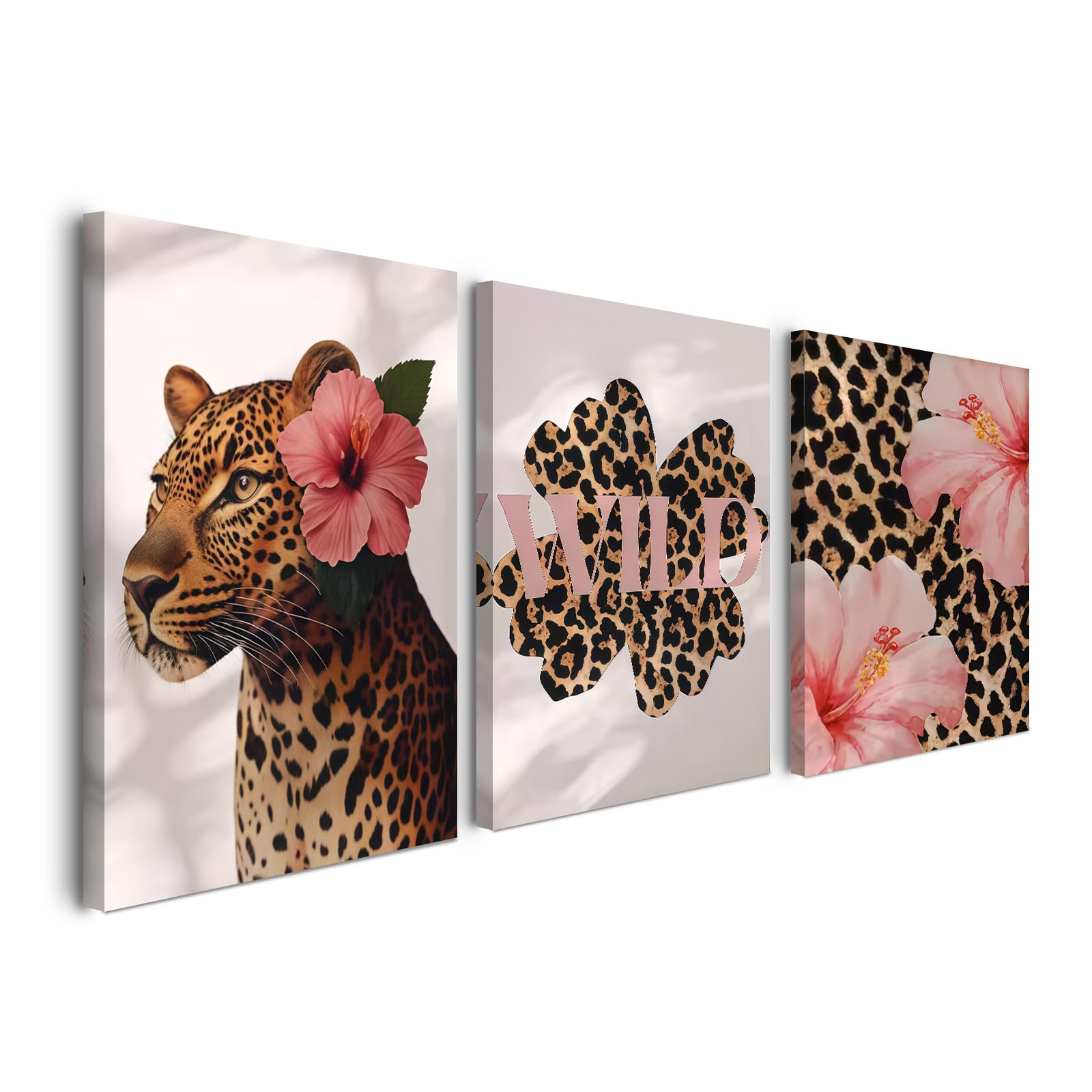 Alptiny Set of 3 Wild Animal and Leopard Print Canvas Wall Art - Tropical Hibisc