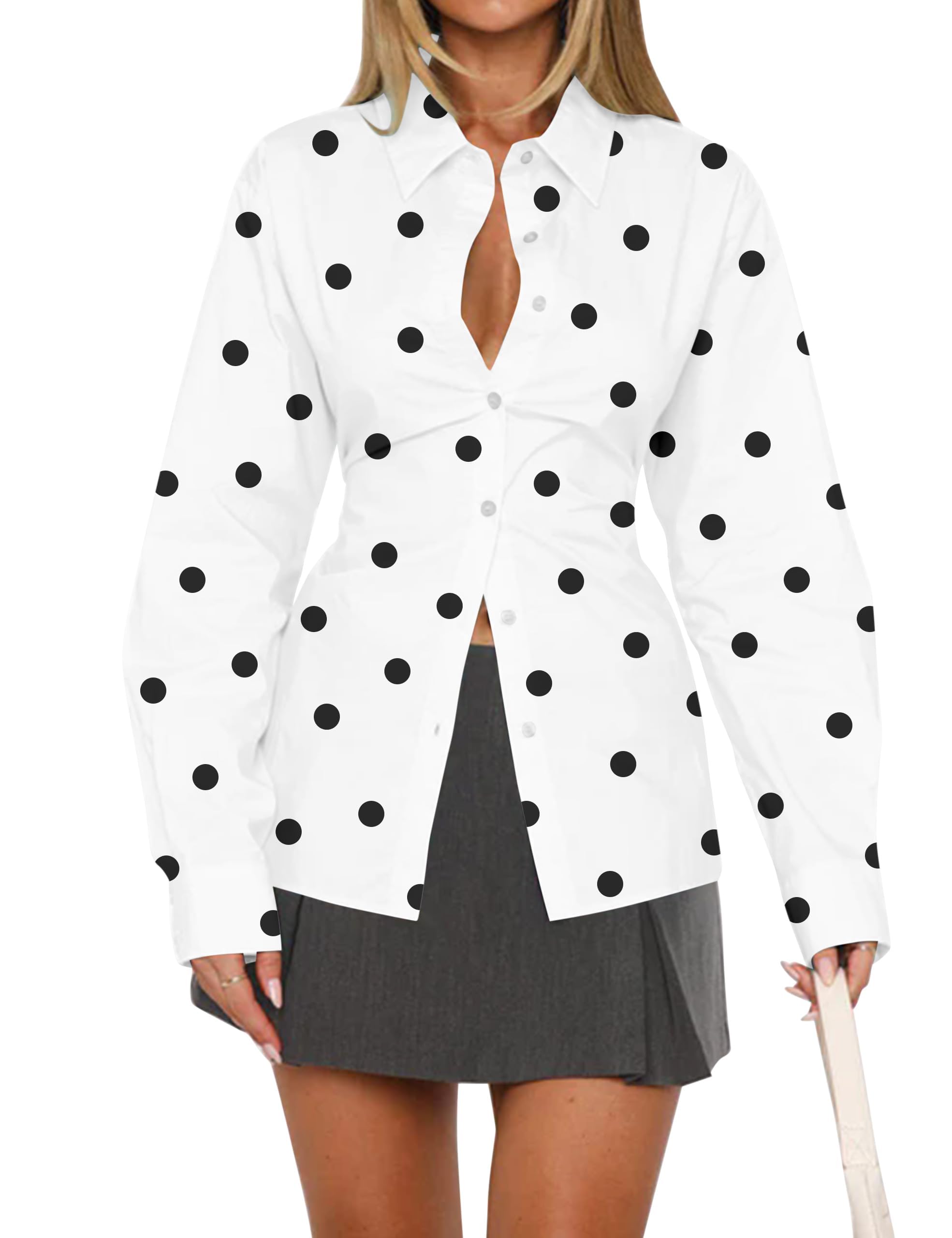 MISSACTIVER Women's Lapel Collar Button Down Shirt Cinch Waist Long Sleeve Casua