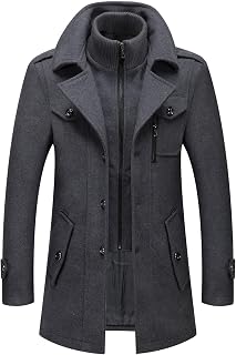 chouyatou Men's Gentle Layered Collar Single Breasted Quilted Lined Wool Blend Pea Coats