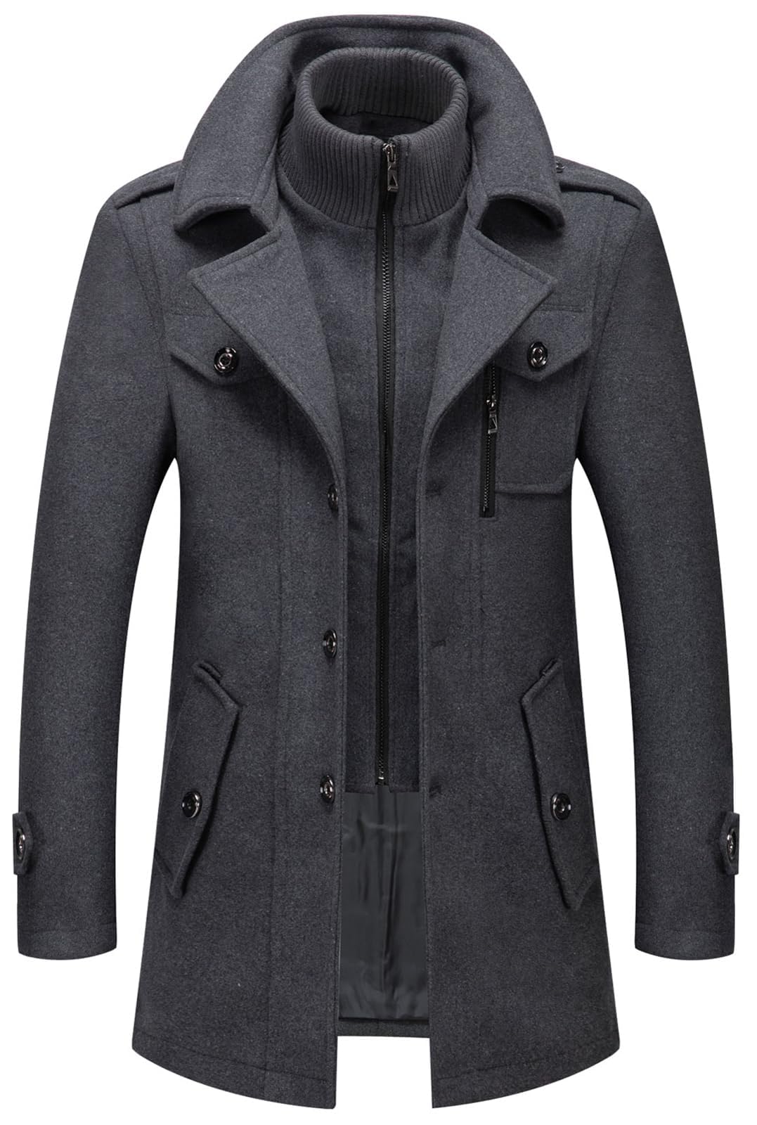 chouyatou Men's Gentle Layered Collar Single Breasted Quilted Lined Wool Blend P