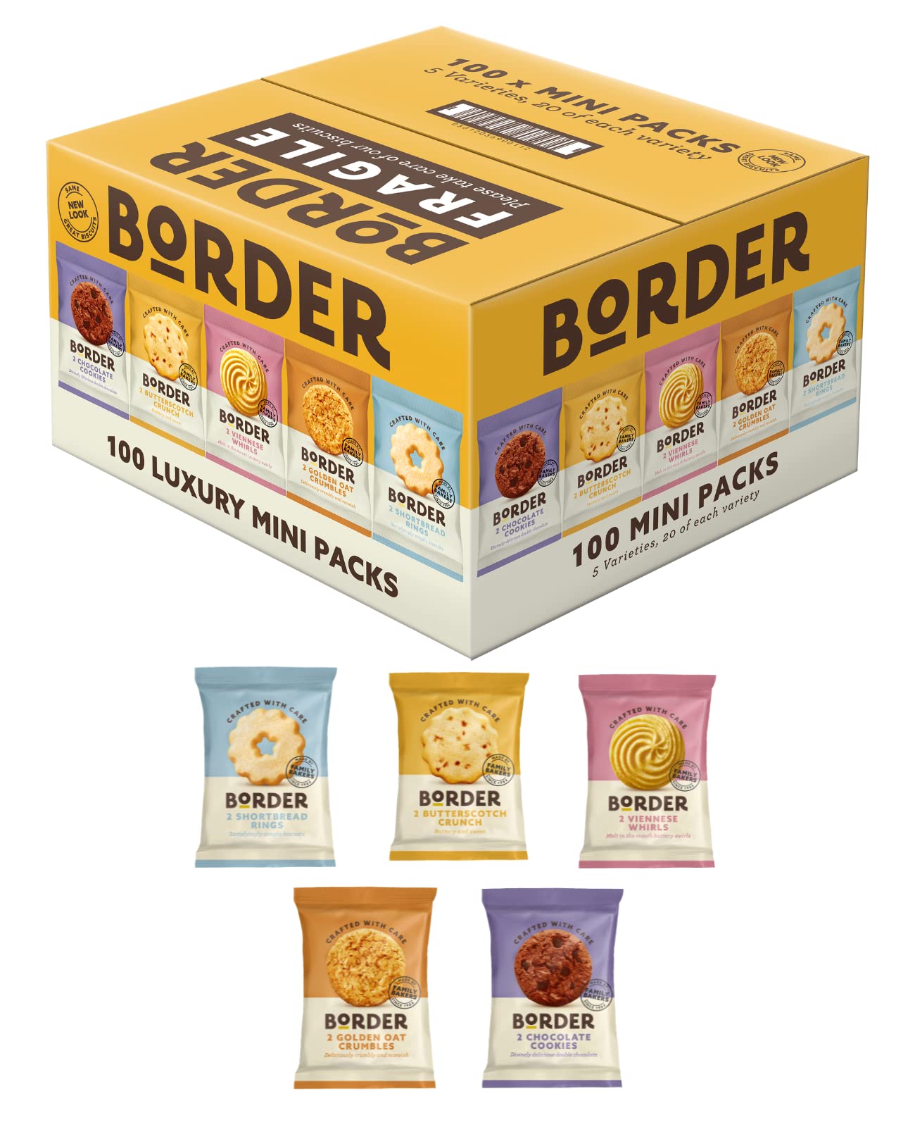 Border Biscuits 100 Multipack Box, 5 Flavours, Individually Wrapped Biscuits