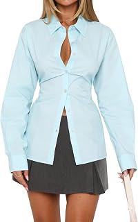 MISSACTIVER Women's Lapel Collar Button Down Shirt Cinch Waist Long Sleeve Casual Work Dressy Tunics Blouse Corset Tops