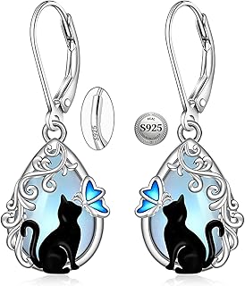 Black Cat Earrings for Women Moonstone Moss Agate Turquoise Earrings Sterling Silver Filigree Butterfly Dangle Drop Jewelry Leverback Halloween Christmas Gifts