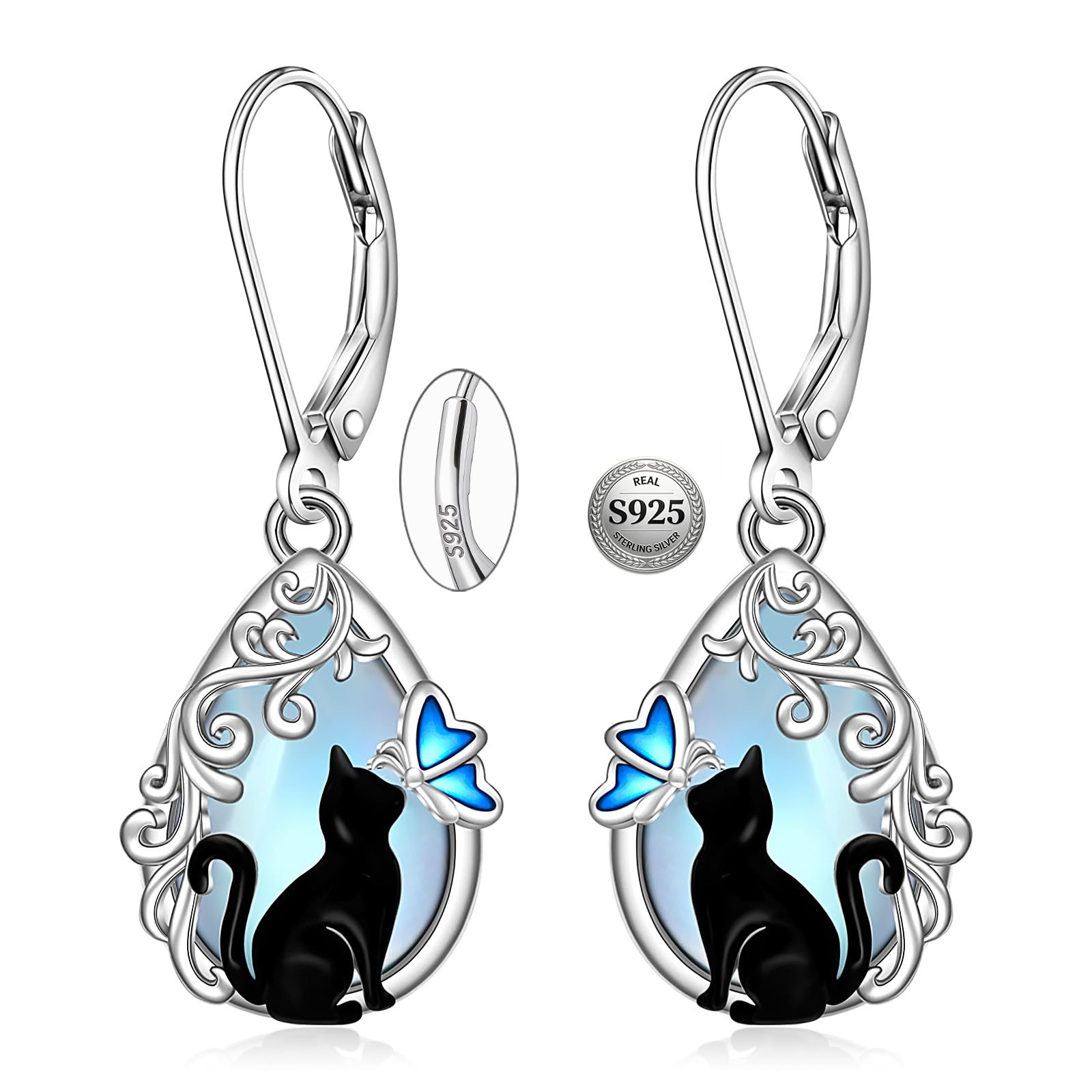 Black Cat Earrings for Women Moonstone Moss Agate Turquoise Earrings Sterling Si
