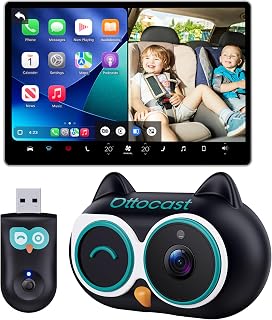 OTTOCAST Baby Car Camera &amp; Wireless CarPlay Adapter 2026 | 1080P HD rear seat view on OEM screen, 150° wide angle, no-glow night vision, split screen, plug &amp; play. (No Android)