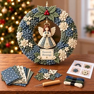 Christmas Fabric Poke Wreath Kit for Adults, 25 x 25 cm，Set E | 3D wreath craft with a foldable slotted base, fabric pieces, scissors, thread, instructions and seasonal accents