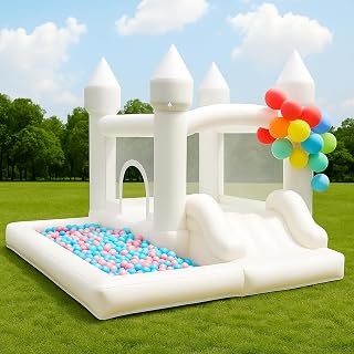 NBSPORT White Bounce House with Ball Pit, Bouncy Castle for Kids,9x9x7FT | Kids Inflatable Bounce House with slide,Jumping Area - Great for Backyard Fun,Birthdays,Weddings, Parties,Indoors or Outdoors