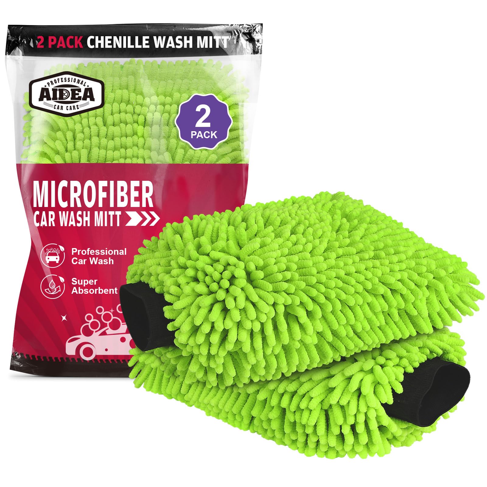 AIDEA Car Wash Mitt Microfiber-2PK, Car Wash Brush, Green, 7.12''X10.1