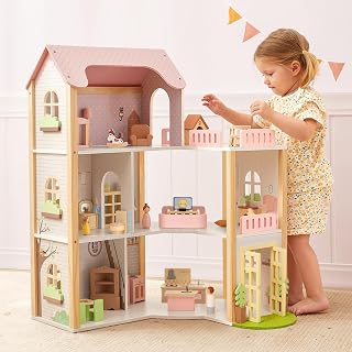 OOOK Wooden Dollhouse with 60 Pcs Luxurious Accessories and Furniture-Pink | 4 Dolls and 2 Pets, Large 3-Story Doll House with 6 Rooms, Doll House for Girls Boys Age 3+