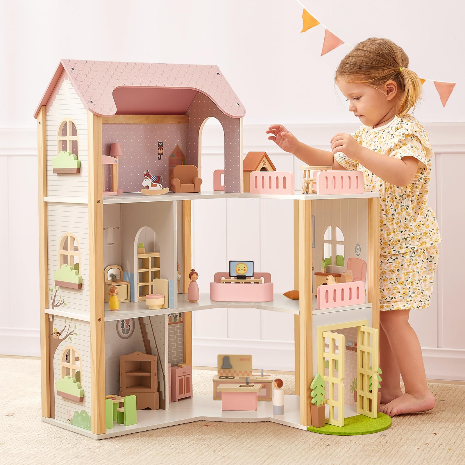OOOK Wooden Dollhouse with 60 Pcs Luxurious Accessories and Furniture-Pink | 4 D