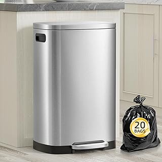 KdbK  Kitchen Trash Can with Lid, 13 Gal Stainless Steel Pedal Garbage Can | 50L Fingerprint Pedal Trash Can with Removable Inner Bucket and Lid Soft Close, Rubbish Bin for Home Office, Silver