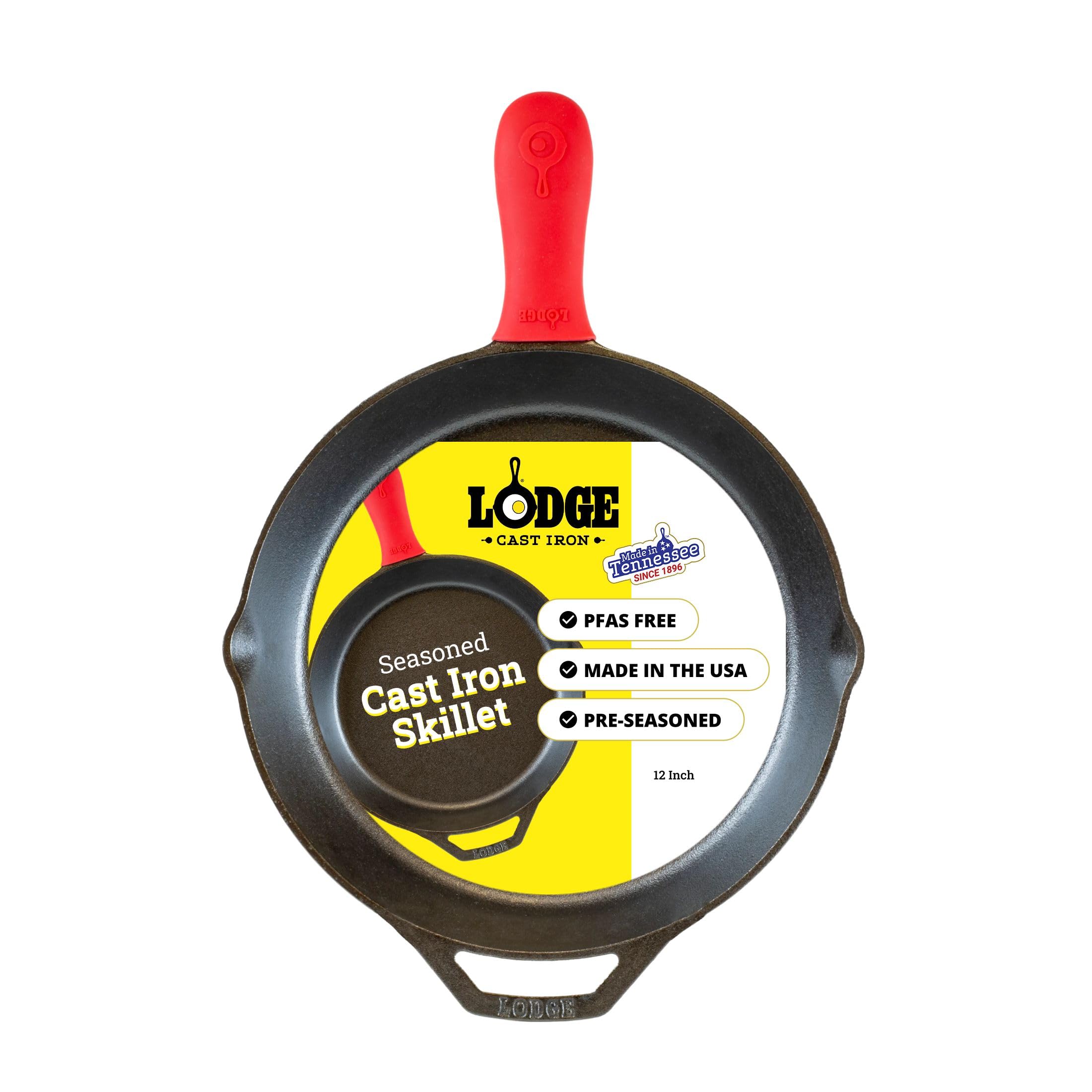 Lodge Pre-Seasoned Cast Iron Skillet with Silicone Handle Holder, 12 Inches | No