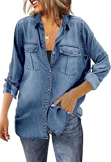 Runcati Women's Button Up Denim Shirt Long Sleeve Roll Up Casual Oversized Jean Shirt Jacket Distressed Tunic Tops Blue