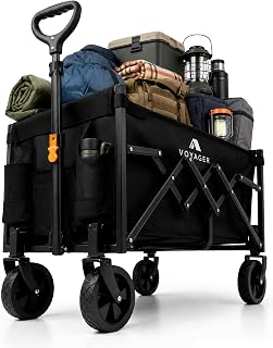 Voyager Folding Camping Wagon 70L, Collapsible Festival Trolley, Black | 100kg load, all-terrain wheels for grass & gravel, spring-loaded handle, folds flat for car boot storage, 40x71x44cm